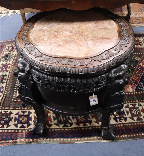 A Chinese hardwood and marble top jardiniere stand H.58cm